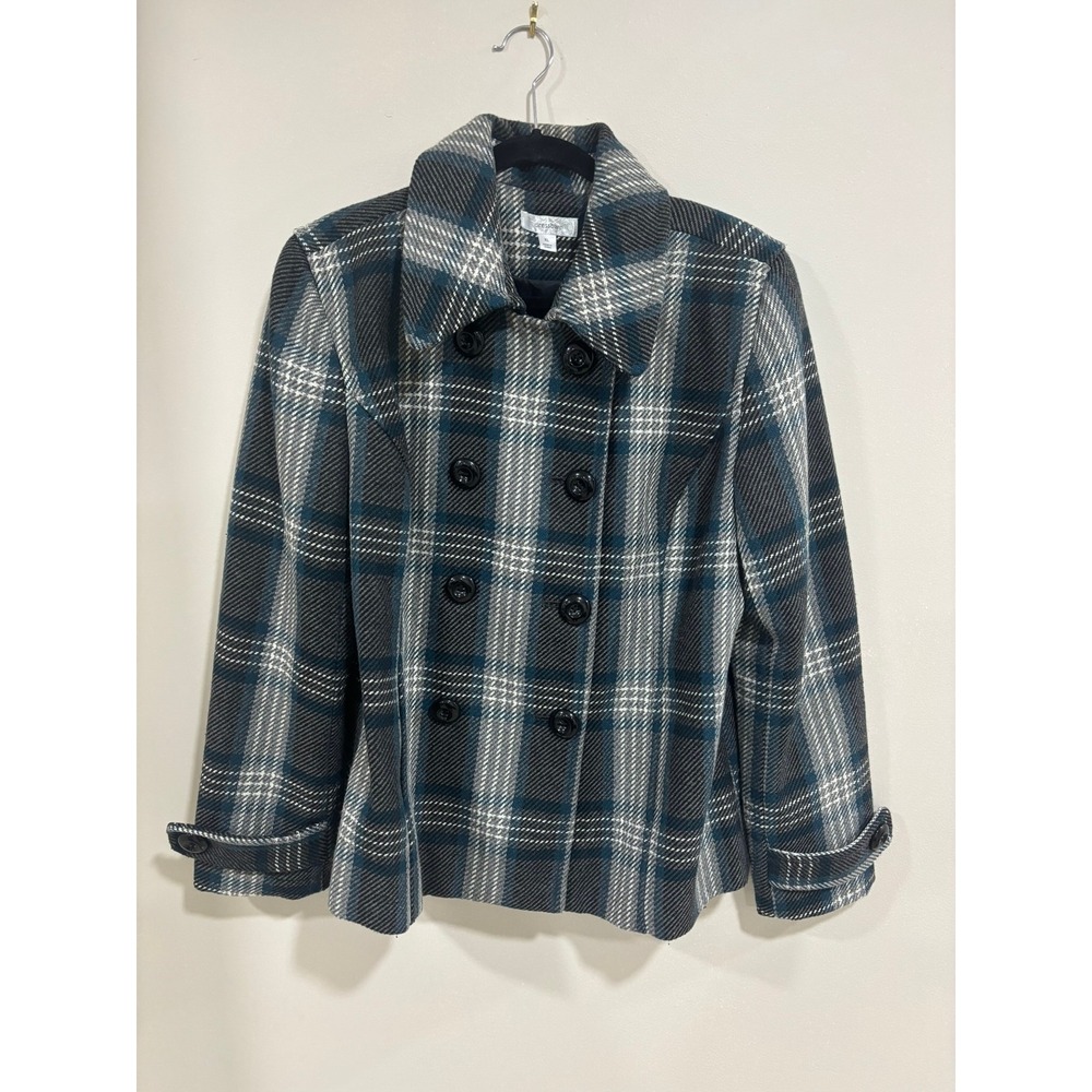 Dressbarn Plaid Peacoat Jacket Teal Gray Wool Blend Double Breasted XL Preppy